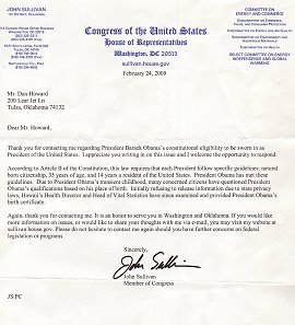 U.S. Rep. John Sullivan's letter ref Obama's eligibility